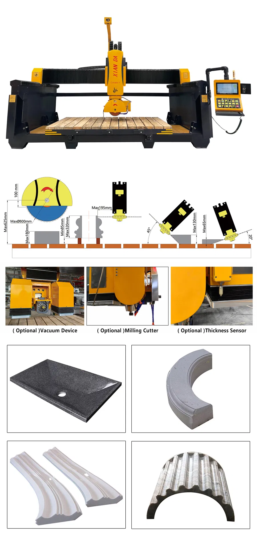 Macchina per il taglio di seghe a ponte CNC a 5 assi con tavolo da lavoro da 3400x2000 mm e rotazione della testa da 0&deg;-360&deg; per granito e marmo 0