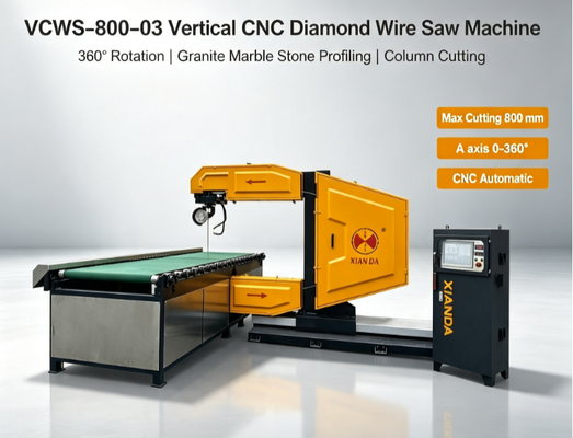 Seghe a filo di diamante CNC verticali con rotazione a 360° per il taglio di curve di marmo di granito. Potenza motore da 7,5 a 15 kW e carico di 3+3 tonnellate sul banco di lavoro.